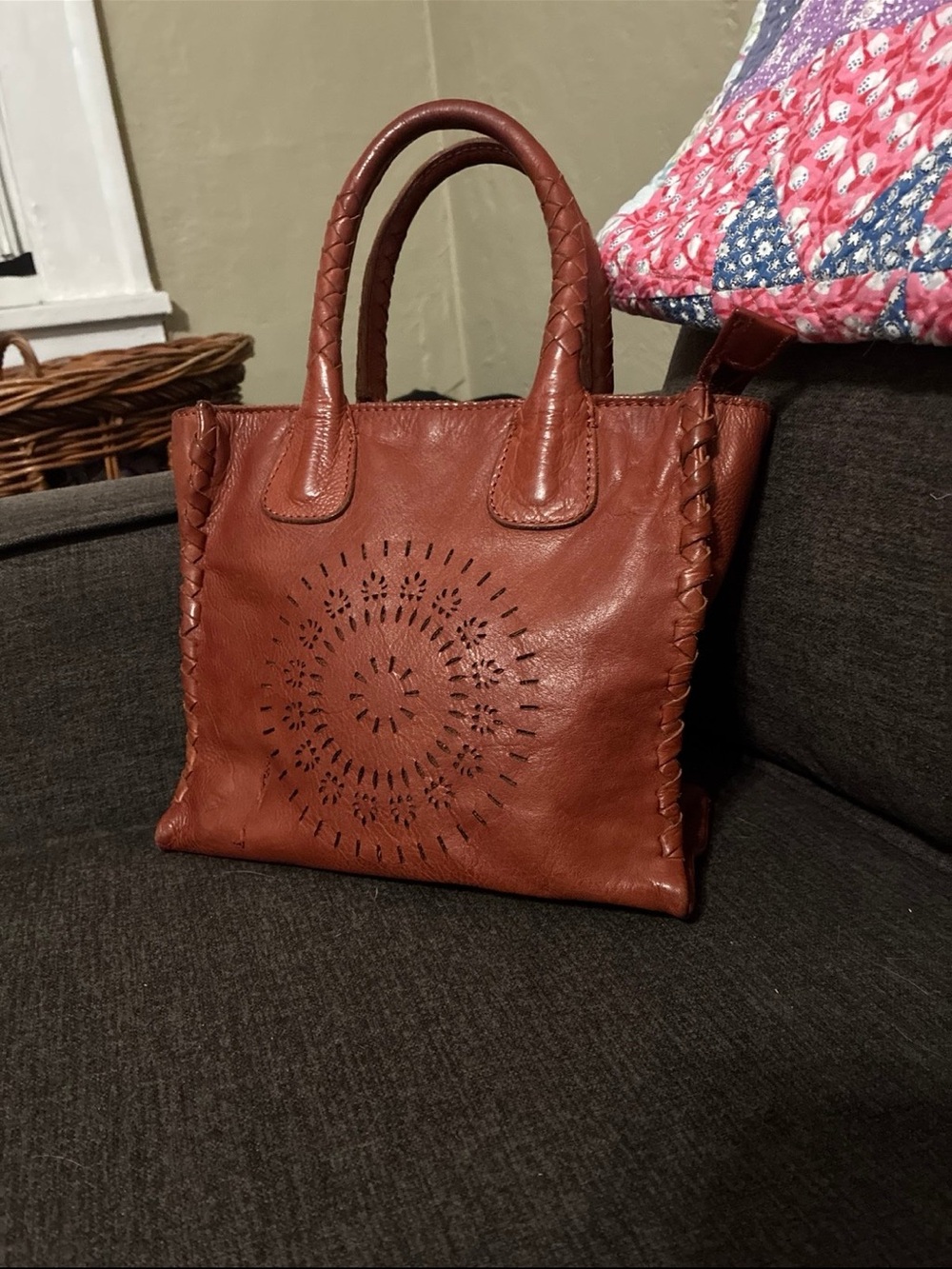Women's Brown Leather Tote with Laser-Cut Medallion Small Purse